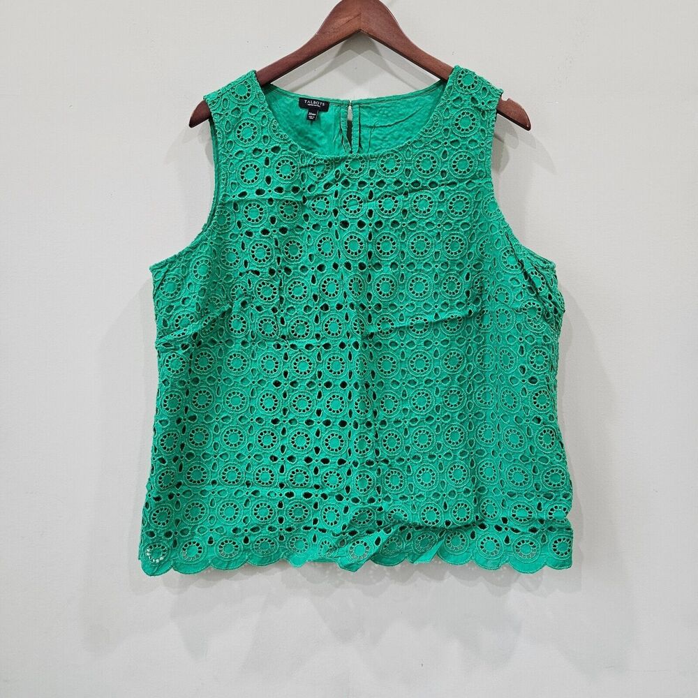 Talbots Womens Kelly Eyelet Tank Top 20WP Green Sleeveless Cottagecore Career